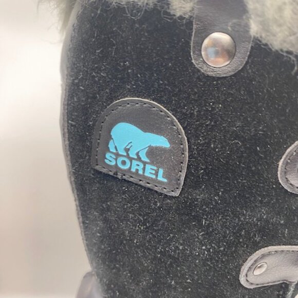 Kids SOREL black and blue lace up snow boots faux fur - Picture 7 of 13